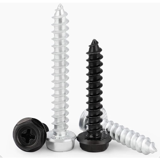 Cross recessed hexagon tapping screw with indentation